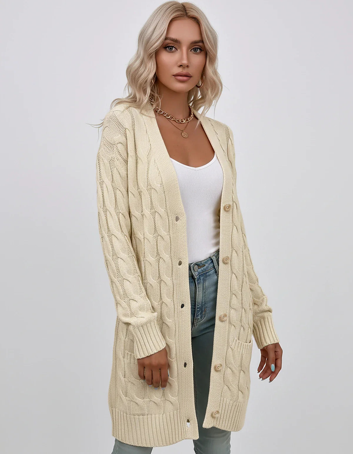 Beige,green,blue,yellow,light Blue,purple,lilac,black Denim Cardigan, front view | Ramblion | SKU: AC-731845206-BEIGE-L,AC-731845206-BEIGE-M,AC-731845206-BEIGE-S,AC-731845206-BEIGE-XL,AC-731845206-BEIGE-XS