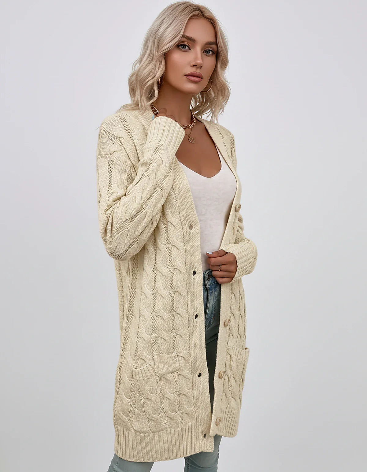 Beige,green,blue,yellow,light Blue,purple,lilac,black Denim Cardigan, side view | Ramblion | SKU: AC-731845206-BEIGE-L,AC-731845206-BEIGE-M,AC-731845206-BEIGE-S,AC-731845206-BEIGE-XL,AC-731845206-BEIGE-XS