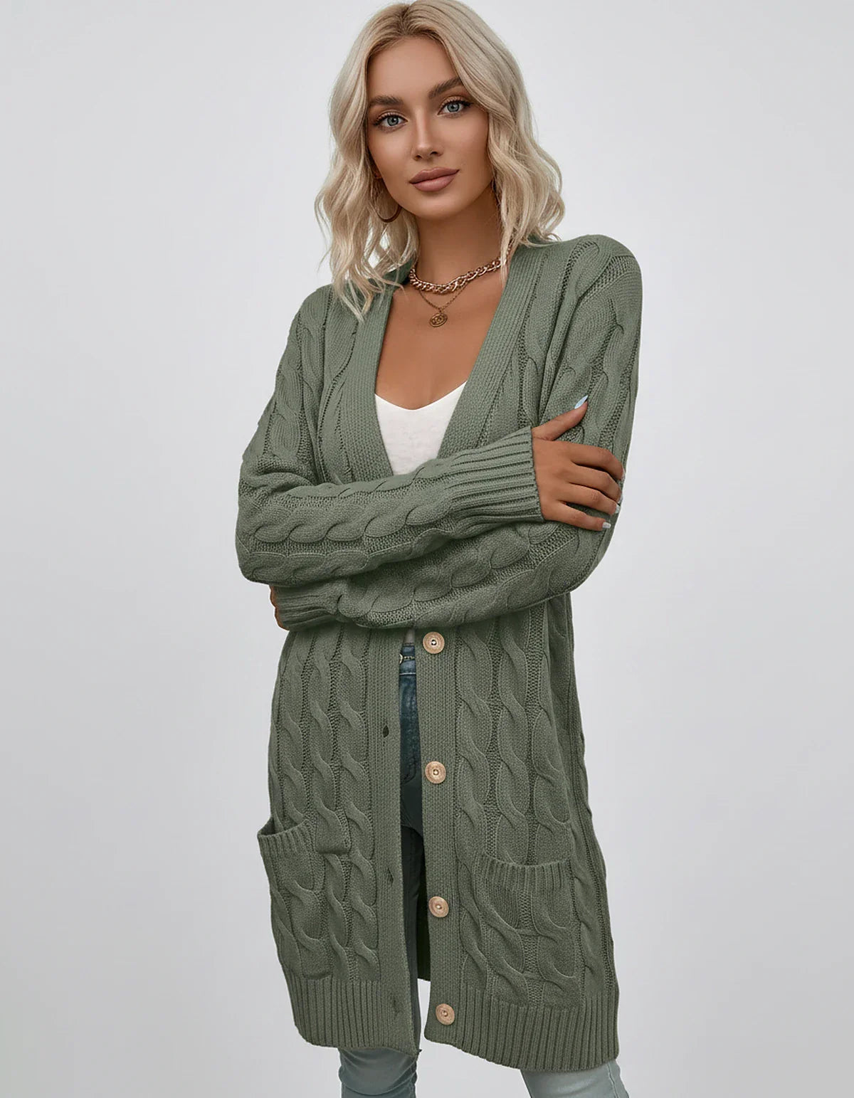 Beige,green,blue,yellow,light Blue,purple,lilac,black Denim Cardigan, front view | Ramblion | SKU: AC-731845206-GREEN-L,AC-731845206-GREEN-M,AC-731845206-GREEN-S,AC-731845206-GREEN-XL,AC-731845206-GREEN-XS