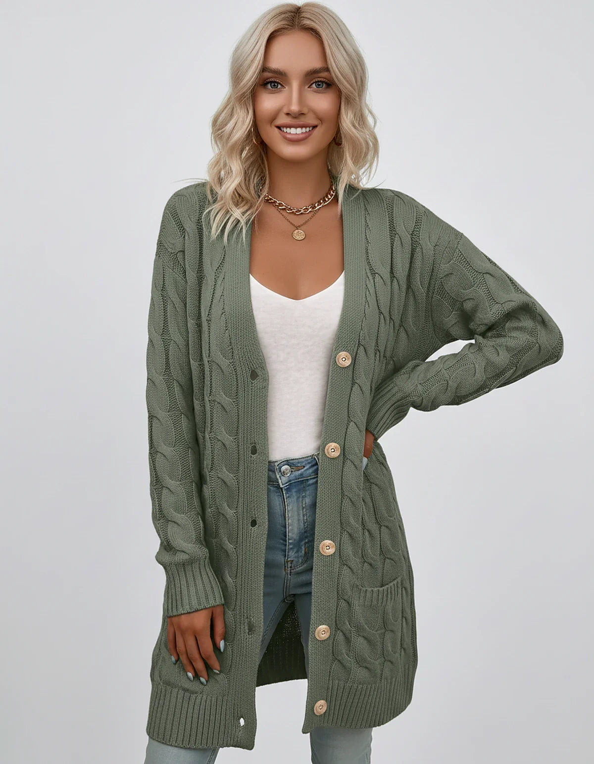 Beige,green,blue,yellow,light Blue,purple,lilac,black Denim Cardigan, front view | Ramblion | SKU: AC-731845206-GREEN-L,AC-731845206-GREEN-M,AC-731845206-GREEN-S,AC-731845206-GREEN-XL,AC-731845206-GREEN-XS