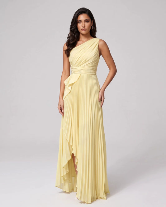 Satin Sleeveless One-Shoulder A-Line Maxi Dress for Party, Cocktail, Evening, Wedding Guest, Bridesmaid, Summer Formal Events | SKU: AMD-582741963851427-YELLOW-L,AMD-582741963851427-YELLOW-M,AMD-582741963851427-YELLOW-S,AMD-582741963851427-YELLOW-XL,AMD-582741963851427-YELLOW-XS