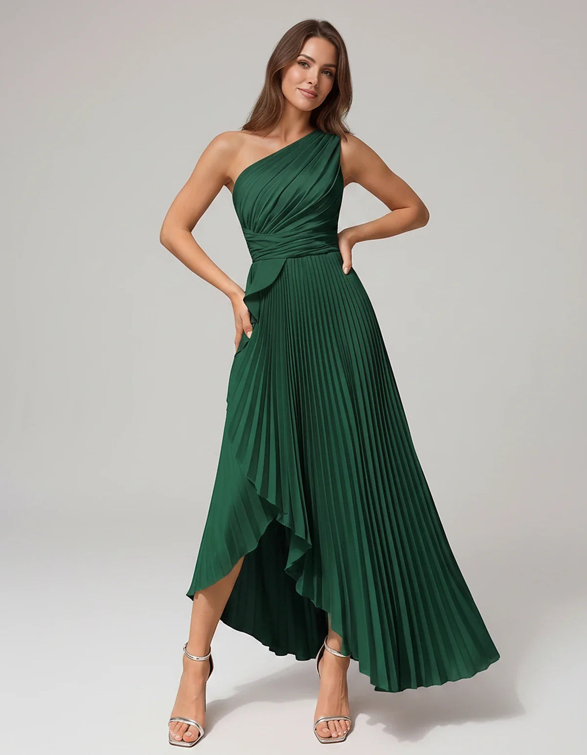 Satin Sleeveless One-Shoulder A-Line Maxi Dress for Party, Cocktail, Evening, Wedding Guest, Bridesmaid, Summer Formal Events | SKU: AMD-582741963851427-GREEN-L,AMD-582741963851427-GREEN-M,AMD-582741963851427-GREEN-S,AMD-582741963851427-GREEN-XL,AMD-582741963851427-GREEN-XS