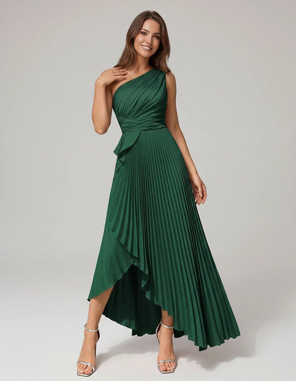Satin Sleeveless One-Shoulder A-Line Maxi Dress for Party, Cocktail, Evening, Wedding Guest, Bridesmaid, Summer Formal Events | SKU: AMD-582741963851427-GREEN-L,AMD-582741963851427-GREEN-M,AMD-582741963851427-GREEN-S,AMD-582741963851427-GREEN-XL,AMD-582741963851427-GREEN-XS