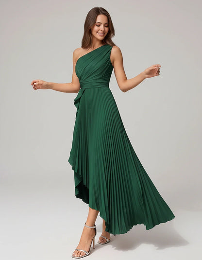 Satin Sleeveless One-Shoulder A-Line Maxi Dress for Party, Cocktail, Evening, Wedding Guest, Bridesmaid, Summer Formal Events | SKU: AMD-582741963851427-GREEN-L,AMD-582741963851427-GREEN-M,AMD-582741963851427-GREEN-S,AMD-582741963851427-GREEN-XL,AMD-582741963851427-GREEN-XS