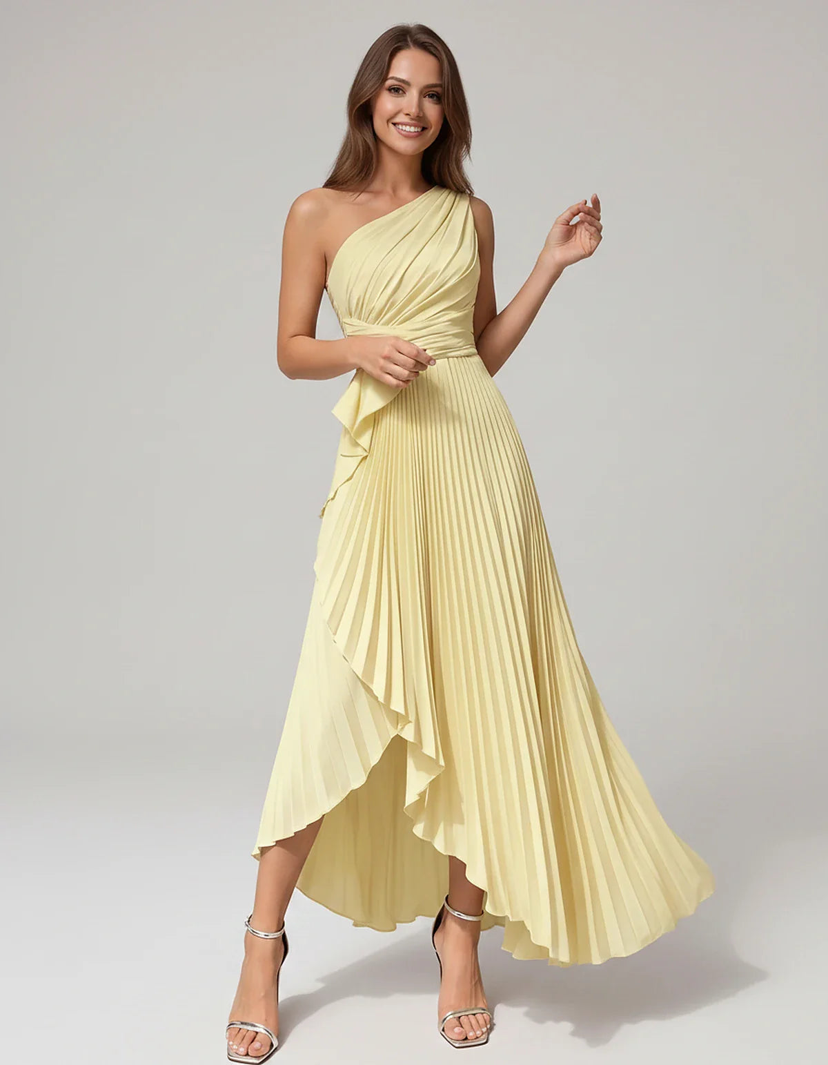 Satin Sleeveless One-Shoulder A-Line Maxi Dress for Party, Cocktail, Evening, Wedding Guest, Bridesmaid, Summer Formal Events | SKU: AMD-582741963851427-YELLOW-L,AMD-582741963851427-YELLOW-M,AMD-582741963851427-YELLOW-S,AMD-582741963851427-YELLOW-XL,AMD-582741963851427-YELLOW-XS