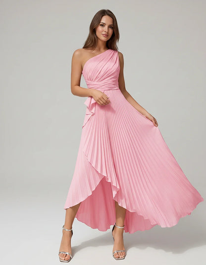 Satin Sleeveless One-Shoulder A-Line Maxi Dress for Party, Cocktail, Evening, Wedding Guest, Bridesmaid, Summer Formal Events | SKU: AMD-582741963851427-PINK-L,AMD-582741963851427-PINK-M,AMD-582741963851427-PINK-S,AMD-582741963851427-PINK-XL,AMD-582741963851427-PINK-XS