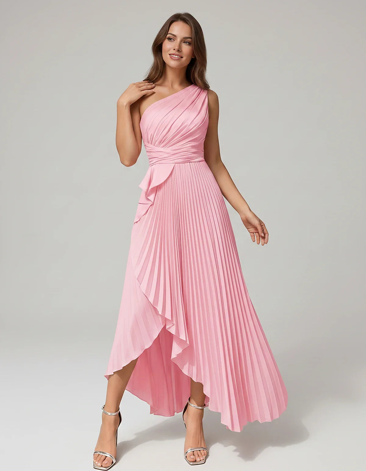 Satin Sleeveless One-Shoulder A-Line Maxi Dress for Party, Cocktail, Evening, Wedding Guest, Bridesmaid, Summer Formal Events | SKU: AMD-582741963851427-PINK-L,AMD-582741963851427-PINK-M,AMD-582741963851427-PINK-S,AMD-582741963851427-PINK-XL,AMD-582741963851427-PINK-XS