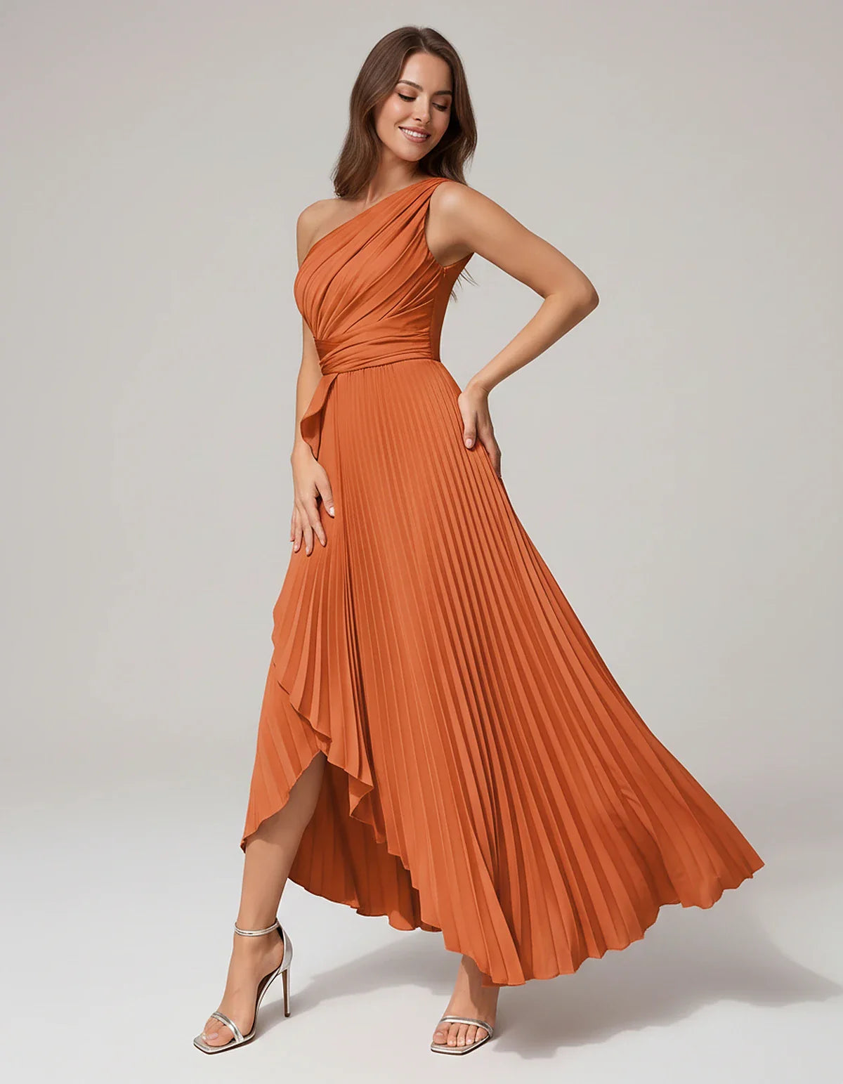 Satin Sleeveless One-Shoulder A-Line Maxi Dress for Party, Cocktail, Evening, Wedding Guest, Bridesmaid, Summer Formal Events | SKU: AMD-582741963851427-ORANGE-L,AMD-582741963851427-ORANGE-M,AMD-582741963851427-ORANGE-S,AMD-582741963851427-ORANGE-XL,AMD-582741963851427-ORANGE-XS