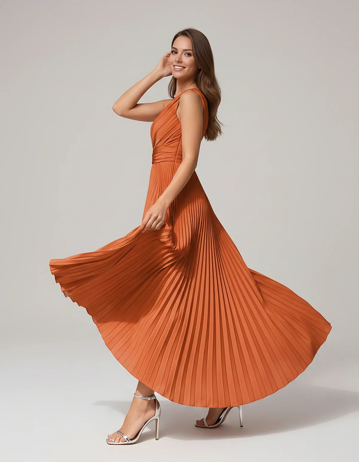 Satin Sleeveless One-Shoulder A-Line Maxi Dress for Party, Cocktail, Evening, Wedding Guest, Bridesmaid, Summer Formal Events | SKU: AMD-582741963851427-ORANGE-L,AMD-582741963851427-ORANGE-M,AMD-582741963851427-ORANGE-S,AMD-582741963851427-ORANGE-XL,AMD-582741963851427-ORANGE-XS