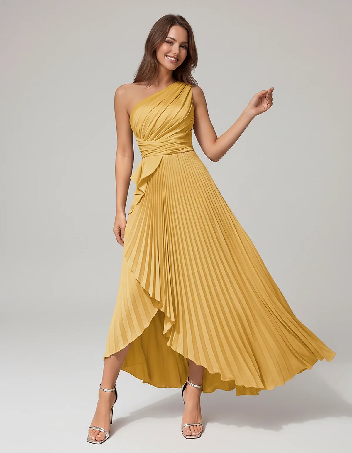 Satin Sleeveless One-Shoulder A-Line Maxi Dress for Party, Cocktail, Evening, Wedding Guest, Bridesmaid, Summer Formal Events | SKU: AMD-582741963851427-GOLD-L,AMD-582741963851427-GOLD-M,AMD-582741963851427-GOLD-S,AMD-582741963851427-GOLD-XL,AMD-582741963851427-GOLD-XS