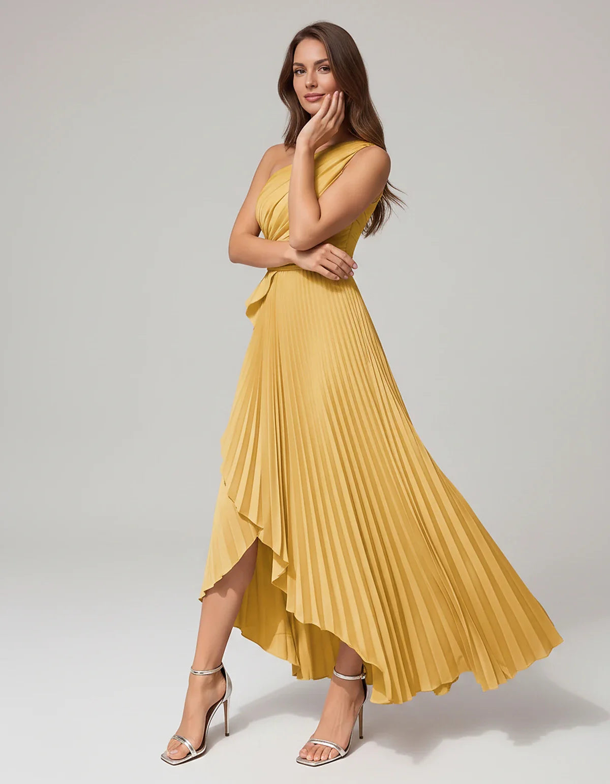 Satin Sleeveless One-Shoulder A-Line Maxi Dress for Party, Cocktail, Evening, Wedding Guest, Bridesmaid, Summer Formal Events | SKU: AMD-582741963851427-GOLD-L,AMD-582741963851427-GOLD-M,AMD-582741963851427-GOLD-S,AMD-582741963851427-GOLD-XL,AMD-582741963851427-GOLD-XS