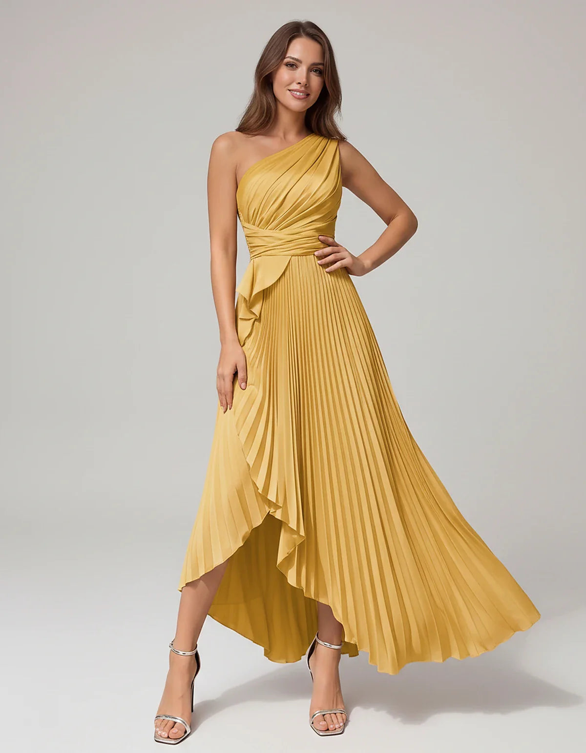 Satin Sleeveless One-Shoulder A-Line Maxi Dress for Party, Cocktail, Evening, Wedding Guest, Bridesmaid, Summer Formal Events | SKU: AMD-582741963851427-GOLD-L,AMD-582741963851427-GOLD-M,AMD-582741963851427-GOLD-S,AMD-582741963851427-GOLD-XL,AMD-582741963851427-GOLD-XS