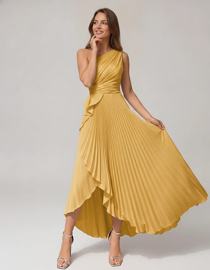 Satin Sleeveless One-Shoulder A-Line Maxi Dress for Party, Cocktail, Evening, Wedding Guest, Bridesmaid, Summer Formal Events | SKU: AMD-582741963851427-GOLD-L,AMD-582741963851427-GOLD-M,AMD-582741963851427-GOLD-S,AMD-582741963851427-GOLD-XL,AMD-582741963851427-GOLD-XS