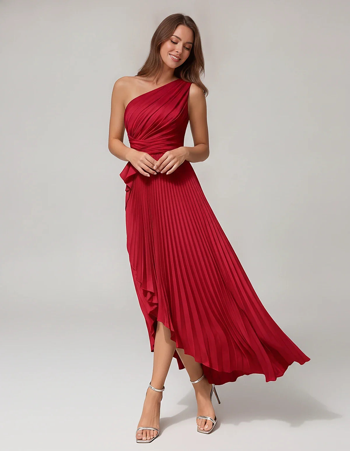 Satin Sleeveless One-Shoulder A-Line Maxi Dress for Party, Cocktail, Evening, Wedding Guest, Bridesmaid, Summer Formal Events | SKU: AMD-582741963851427-RED-L,AMD-582741963851427-RED-M,AMD-582741963851427-RED-S,AMD-582741963851427-RED-XL,AMD-582741963851427-RED-XS