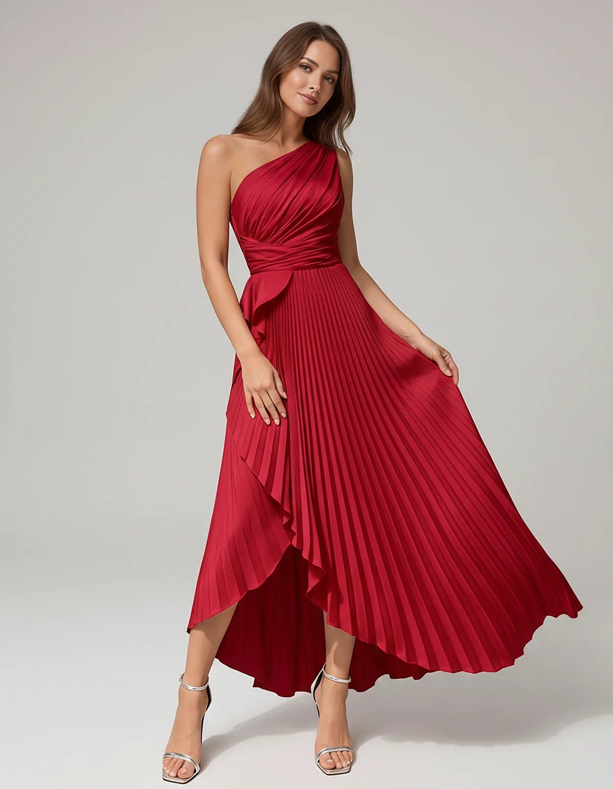 Satin Sleeveless One-Shoulder A-Line Maxi Dress for Party, Cocktail, Evening, Wedding Guest, Bridesmaid, Summer Formal Events | SKU: AMD-582741963851427-RED-L,AMD-582741963851427-RED-M,AMD-582741963851427-RED-S,AMD-582741963851427-RED-XL,AMD-582741963851427-RED-XS