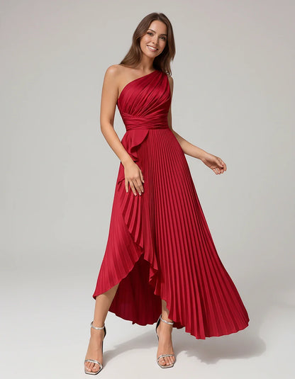 Satin Sleeveless One-Shoulder A-Line Maxi Dress for Party, Cocktail, Evening, Wedding Guest, Bridesmaid, Summer Formal Events | SKU: AMD-582741963851427-RED-L,AMD-582741963851427-RED-M,AMD-582741963851427-RED-S,AMD-582741963851427-RED-XL,AMD-582741963851427-RED-XS