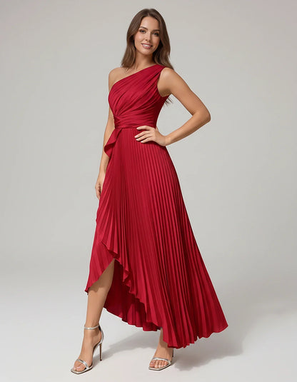 Satin Sleeveless One-Shoulder A-Line Maxi Dress for Party, Cocktail, Evening, Wedding Guest, Bridesmaid, Summer Formal Events | SKU: AMD-582741963851427-RED-L,AMD-582741963851427-RED-M,AMD-582741963851427-RED-S,AMD-582741963851427-RED-XL,AMD-582741963851427-RED-XS