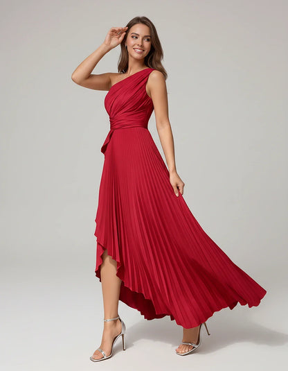 Satin Sleeveless One-Shoulder A-Line Maxi Dress for Party, Cocktail, Evening, Wedding Guest, Bridesmaid, Summer Formal Events | SKU: AMD-582741963851427-RED-L,AMD-582741963851427-RED-M,AMD-582741963851427-RED-S,AMD-582741963851427-RED-XL,AMD-582741963851427-RED-XS