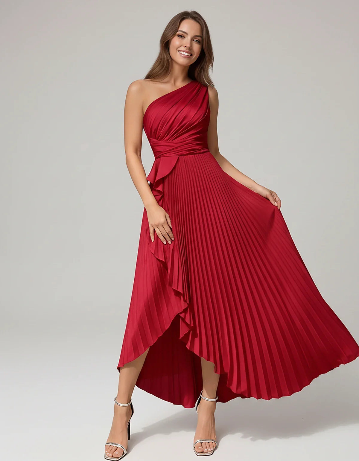 Satin Sleeveless One-Shoulder A-Line Maxi Dress for Party, Cocktail, Evening, Wedding Guest, Bridesmaid, Summer Formal Events | SKU: AMD-582741963851427-RED-L,AMD-582741963851427-RED-M,AMD-582741963851427-RED-S,AMD-582741963851427-RED-XL,AMD-582741963851427-RED-XS