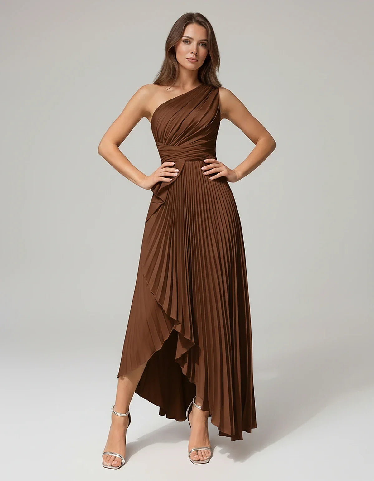 Satin Sleeveless One-Shoulder A-Line Maxi Dress for Party, Cocktail, Evening, Wedding Guest, Bridesmaid, Summer Formal Events | SKU: AMD-582741963851427-BROWN-L,AMD-582741963851427-BROWN-M,AMD-582741963851427-BROWN-S,AMD-582741963851427-BROWN-XL,AMD-582741963851427-BROWN-XS
