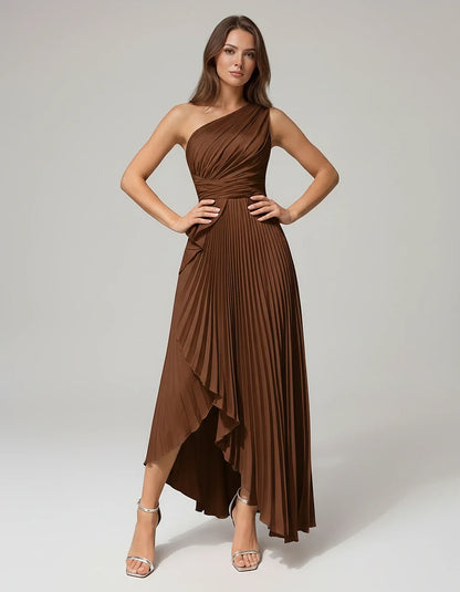 Satin Sleeveless One-Shoulder A-Line Maxi Dress for Party, Cocktail, Evening, Wedding Guest, Bridesmaid, Summer Formal Events | SKU: AMD-582741963851427-BROWN-L,AMD-582741963851427-BROWN-M,AMD-582741963851427-BROWN-S,AMD-582741963851427-BROWN-XL,AMD-582741963851427-BROWN-XS