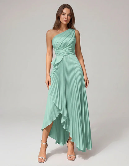 Satin Sleeveless One-Shoulder A-Line Maxi Dress for Party, Cocktail, Evening, Wedding Guest, Bridesmaid, Summer Formal Events