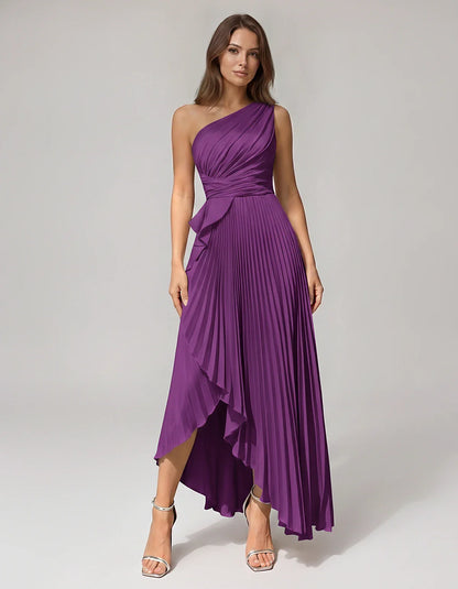 Satin Sleeveless One-Shoulder A-Line Maxi Dress for Party, Cocktail, Evening, Wedding Guest, Bridesmaid, Summer Formal Events