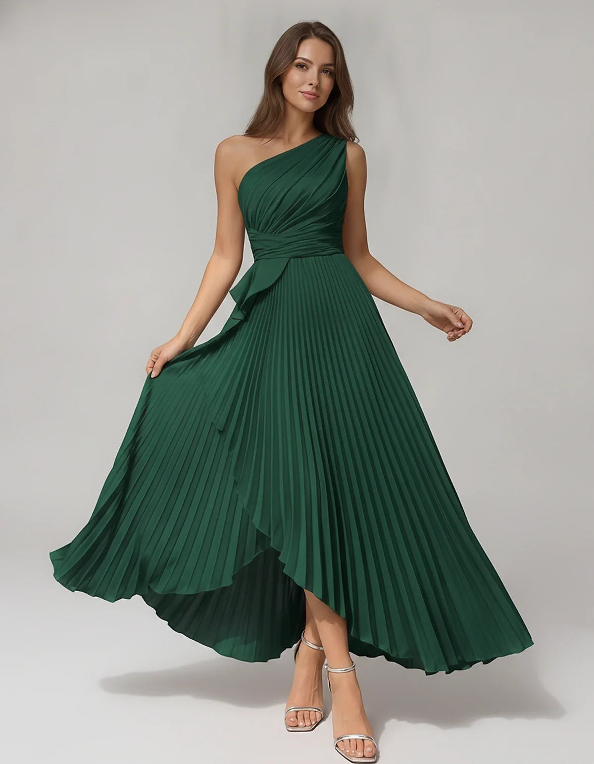 Satin Sleeveless One-Shoulder A-Line Maxi Dress for Party, Cocktail, Evening, Wedding Guest, Bridesmaid, Summer Formal Events | SKU: AMD-582741963851427-GREEN-L,AMD-582741963851427-GREEN-M,AMD-582741963851427-GREEN-S,AMD-582741963851427-GREEN-XL,AMD-582741963851427-GREEN-XS