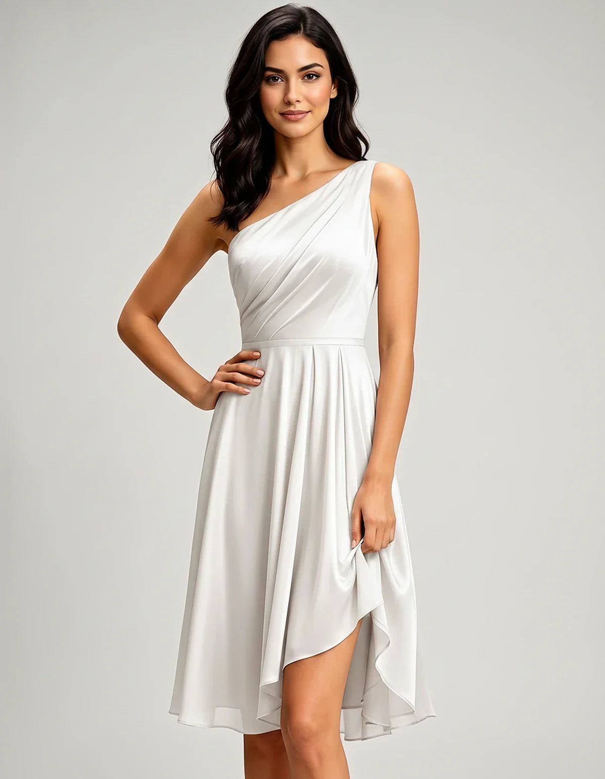 Polyester Satin Sleeveless One-Shoulder Asymmetrical Midi Dress for Party, Cocktail, Evening, Wedding Guest & Summer Events, | SKU: AMD-583920174618502-WHITE-M,AMD-583920174618502-WHITE-M,AMD-583920174618502-WHITE-S,AMD-583920174618502-WHITE-XL,AMD-583920174618502-WHITE-XS