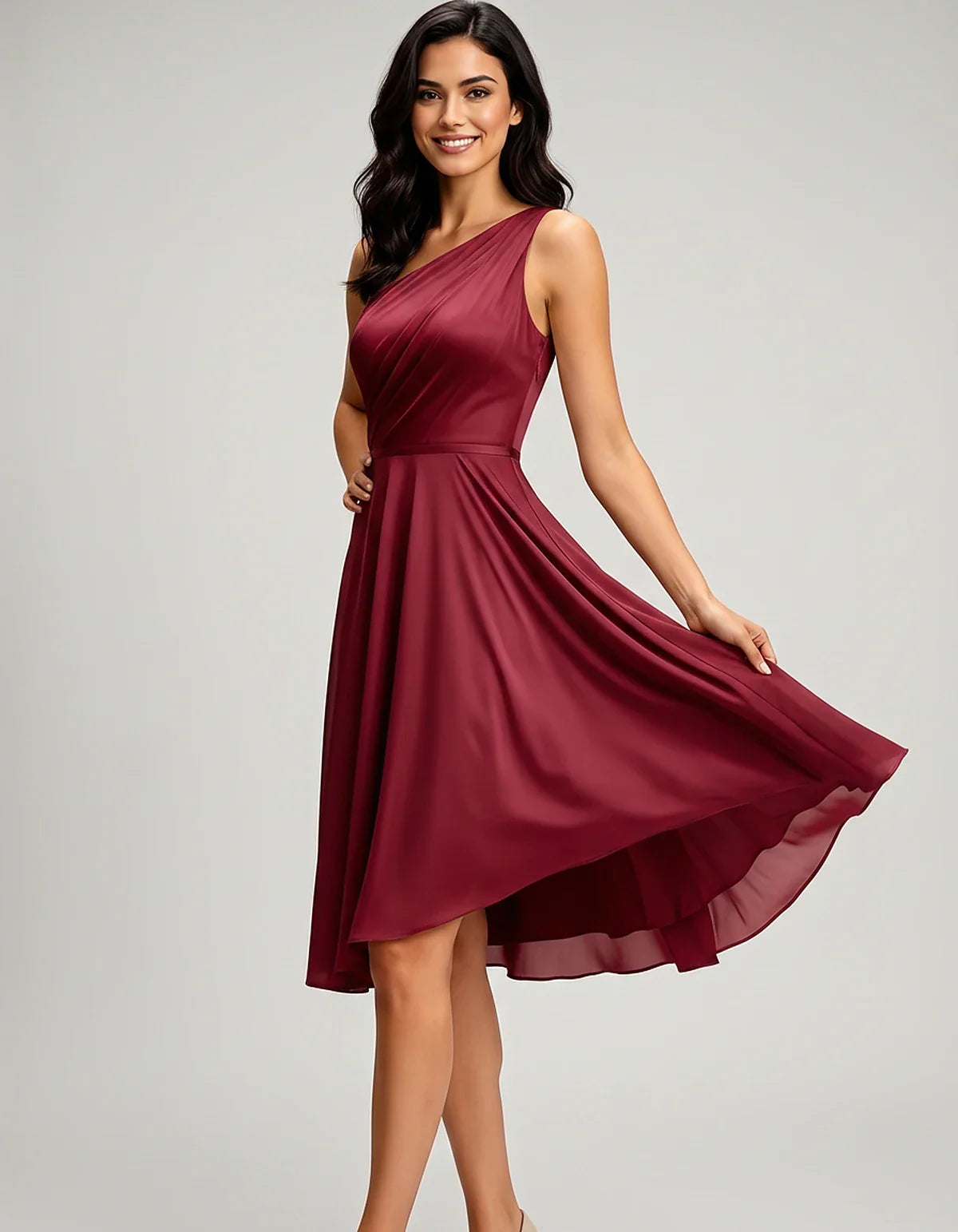 Polyester Satin Sleeveless One-Shoulder Asymmetrical Midi Dress for Party, Cocktail, Evening, Wedding Guest & Summer Events, | SKU: AMD-583920174618502-BURGUNDY-L,AMD-583920174618502-BURGUNDY-M,AMD-583920174618502-BURGUNDY-S,AMD-583920174618502-BURGUNDY-XL,AMD-583920174618502-BURGUNDY-XS