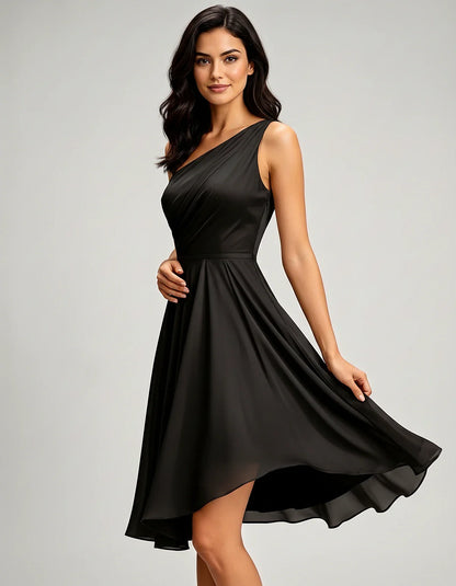 Polyester Satin Sleeveless One-Shoulder Asymmetrical Midi Dress for Party, Cocktail, Evening, Wedding Guest & Summer Events, | SKU: AMD-583920174618502-BLACK-L,AMD-583920174618502-BLACK-M,AMD-583920174618502-BLACK-S,AMD-583920174618502-BLACK-XL,AMD-583920174618502-BLACK-XS