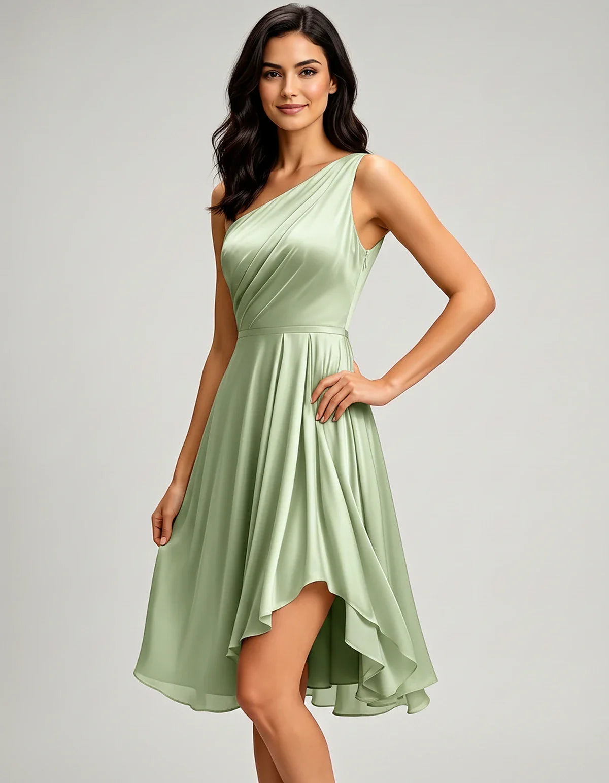 Polyester Satin Sleeveless One-Shoulder Asymmetrical Midi Dress for Party, Cocktail, Evening, Wedding Guest & Summer Events, | SKU: AMD-583920174618502-SAGE-L,AMD-583920174618502-SAGE-M,AMD-583920174618502-SAGE-S,AMD-583920174618502-SAGE-XL,AMD-583920174618502-SAGE-XS