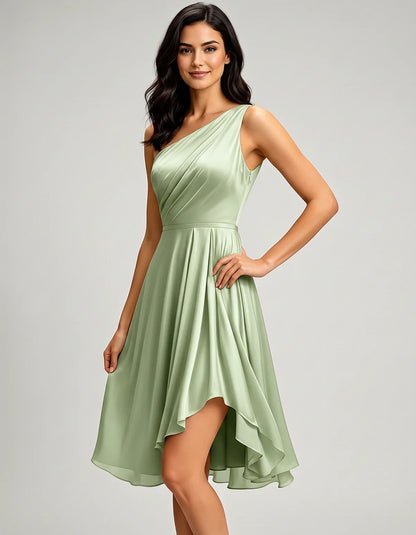 Polyester Satin Sleeveless One-Shoulder Asymmetrical Midi Dress for Party, Cocktail, Evening, Wedding Guest & Summer Events, | SKU: AMD-583920174618502-SAGE-L,AMD-583920174618502-SAGE-M,AMD-583920174618502-SAGE-S,AMD-583920174618502-SAGE-XL,AMD-583920174618502-SAGE-XS