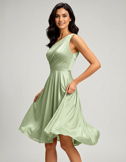 Polyester Satin Sleeveless One-Shoulder Asymmetrical Midi Dress for Party, Cocktail, Evening, Wedding Guest & Summer Events, | SKU: AMD-583920174618502-SAGE-L,AMD-583920174618502-SAGE-M,AMD-583920174618502-SAGE-S,AMD-583920174618502-SAGE-XL,AMD-583920174618502-SAGE-XS