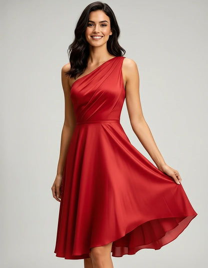 Polyester Satin Sleeveless One-Shoulder Asymmetrical Midi Dress for Party, Cocktail, Evening, Wedding Guest & Summer Events, | SKU: AMD-583920174618502-RED-L,AMD-583920174618502-RED-M,AMD-583920174618502-RED-S,AMD-583920174618502-RED-XL,AMD-583920174618502-RED-XS