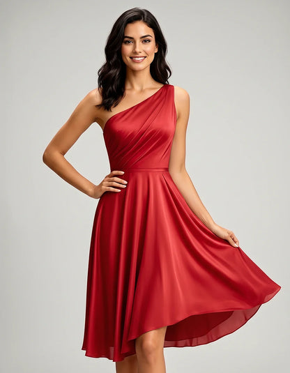 Polyester Satin Sleeveless One-Shoulder Asymmetrical Midi Dress for Party, Cocktail, Evening, Wedding Guest & Summer Events, | SKU: AMD-583920174618502-RED-L,AMD-583920174618502-RED-M,AMD-583920174618502-RED-S,AMD-583920174618502-RED-XL,AMD-583920174618502-RED-XS