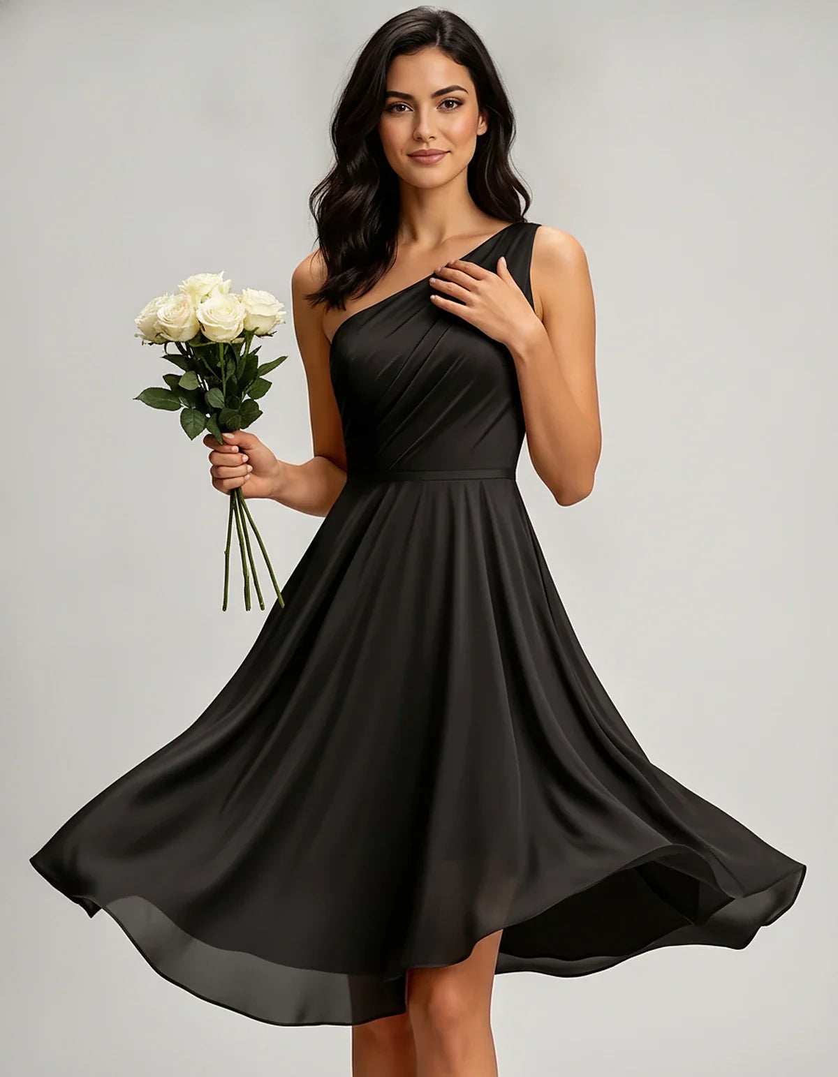 Polyester Satin Sleeveless One-Shoulder Asymmetrical Midi Dress for Party, Cocktail, Evening, Wedding Guest & Summer Events, | SKU: AMD-583920174618502-BLACK-L,AMD-583920174618502-BLACK-M,AMD-583920174618502-BLACK-S,AMD-583920174618502-BLACK-XL,AMD-583920174618502-BLACK-XS