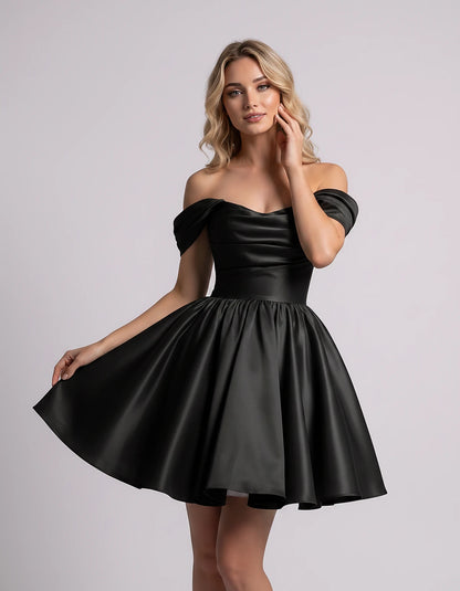 Polyester Satin Off-the-Shoulder Sweetheart A-Line Mini Dress for Party, Cocktail, Evening, Summer, Wedding Guest & Prom Even