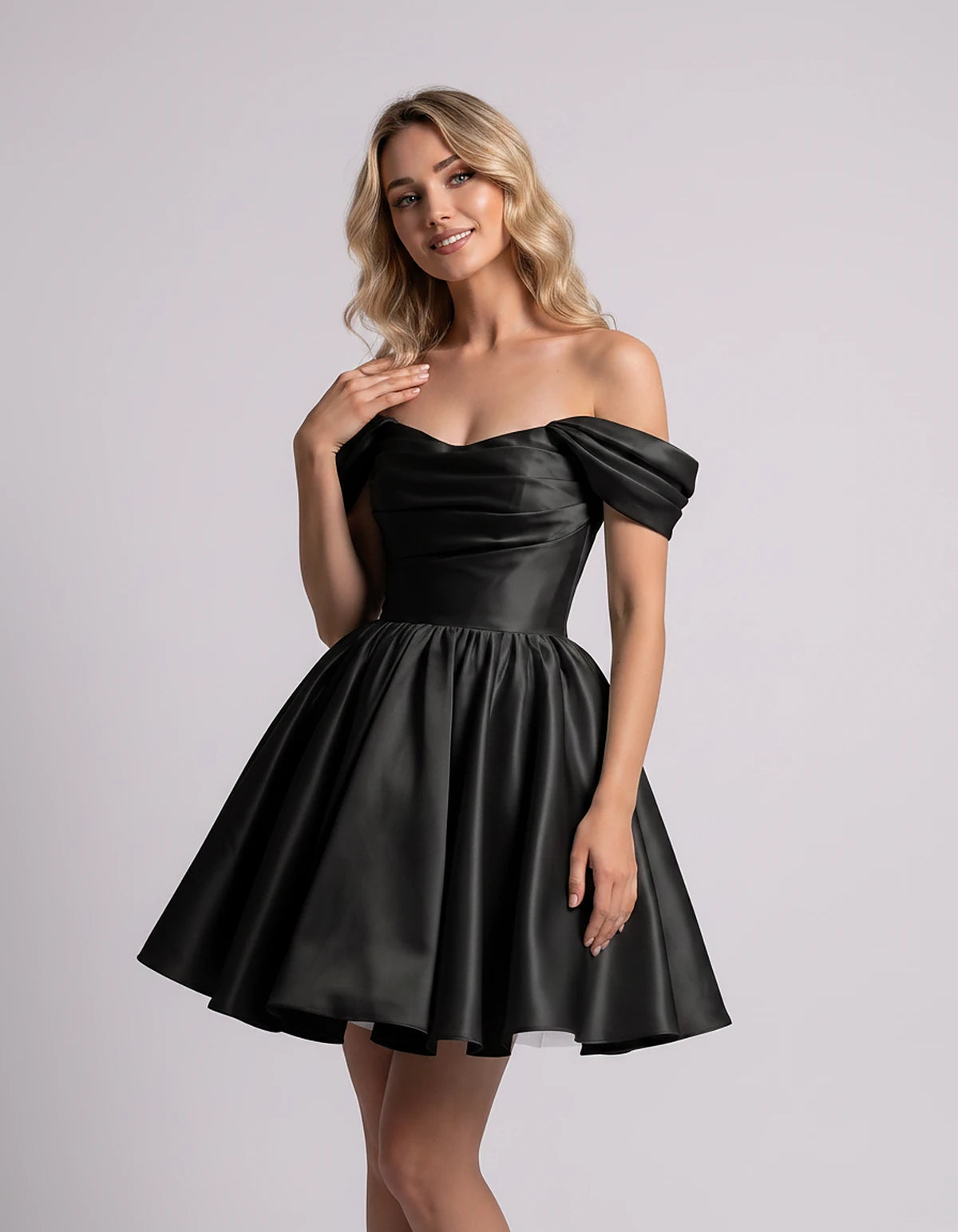 Polyester Satin Off-the-Shoulder Sweetheart A-Line Mini Dress for Party, Cocktail, Evening, Summer, Wedding Guest & Prom Even