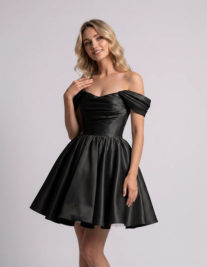 Polyester Satin Off-the-Shoulder Sweetheart A-Line Mini Dress for Party, Cocktail, Evening, Summer, Wedding Guest & Prom Even