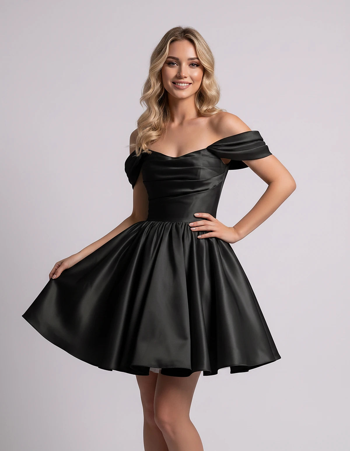 Polyester Satin Off-the-Shoulder Sweetheart A-Line Mini Dress for Party, Cocktail, Evening, Summer, Wedding Guest & Prom Even