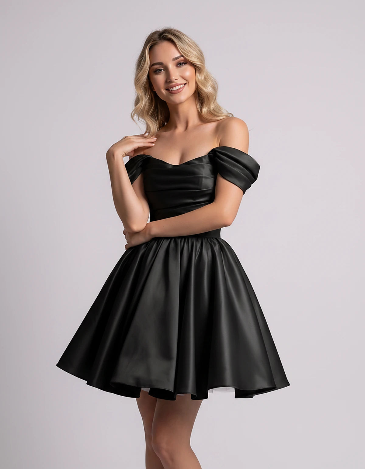 Polyester Satin Off-the-Shoulder Sweetheart A-Line Mini Dress for Party, Cocktail, Evening, Summer, Wedding Guest & Prom Even