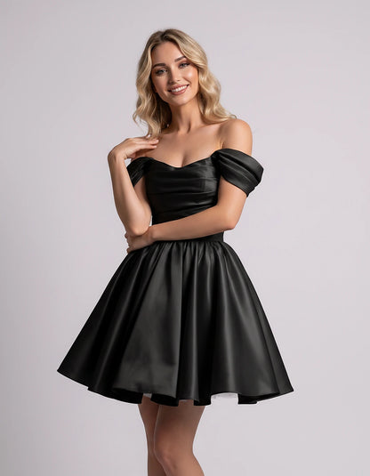 Polyester Satin Off-the-Shoulder Sweetheart A-Line Mini Dress for Party, Cocktail, Evening, Summer, Wedding Guest & Prom Even