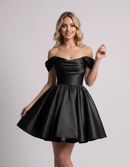 Polyester Satin Off-the-Shoulder Sweetheart A-Line Mini Dress for Party, Cocktail, Evening, Summer, Wedding Guest & Prom Even