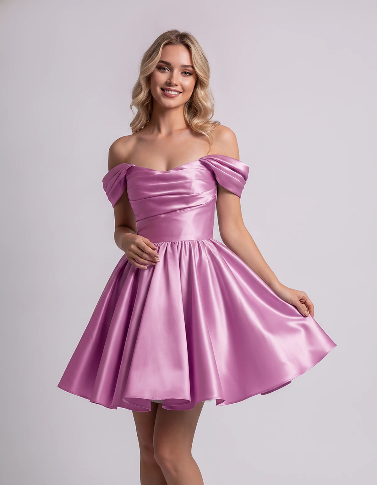 Polyester Satin Off-the-Shoulder Sweetheart A-Line Mini Dress for Party, Cocktail, Evening, Summer, Wedding Guest & Prom Even
