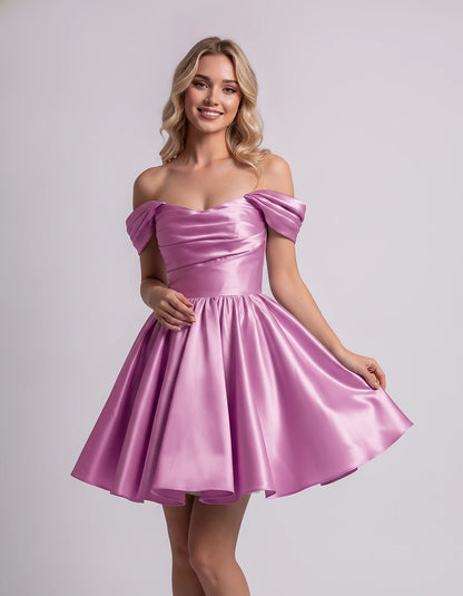 Polyester Satin Off-the-Shoulder Sweetheart A-Line Mini Dress for Party, Cocktail, Evening, Summer, Wedding Guest & Prom Even
