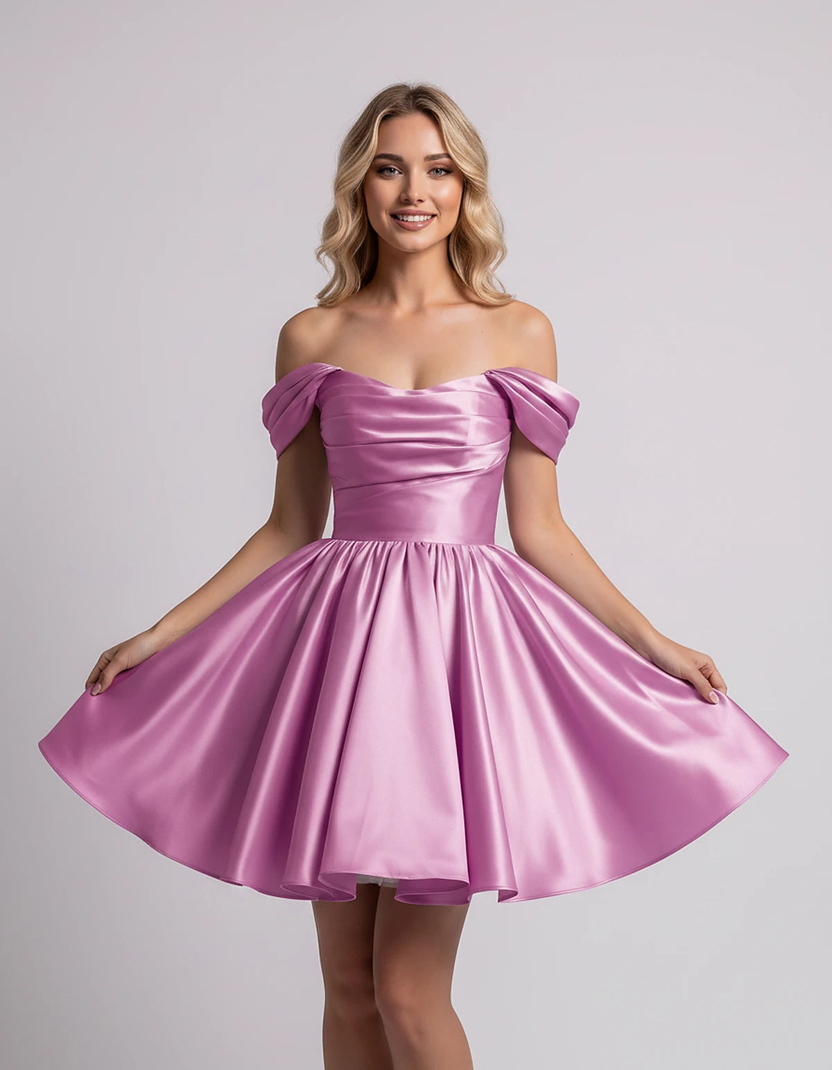 Polyester Satin Off-the-Shoulder Sweetheart A-Line Mini Dress for Party, Cocktail, Evening, Summer, Wedding Guest & Prom Even