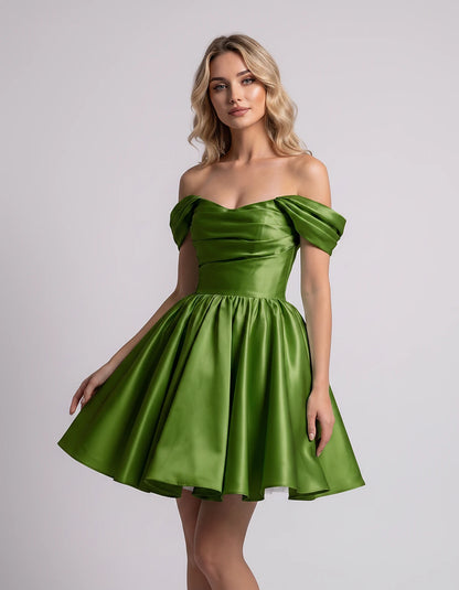 Polyester Satin Off-the-Shoulder Sweetheart A-Line Mini Dress for Party, Cocktail, Evening, Summer, Wedding Guest & Prom Even