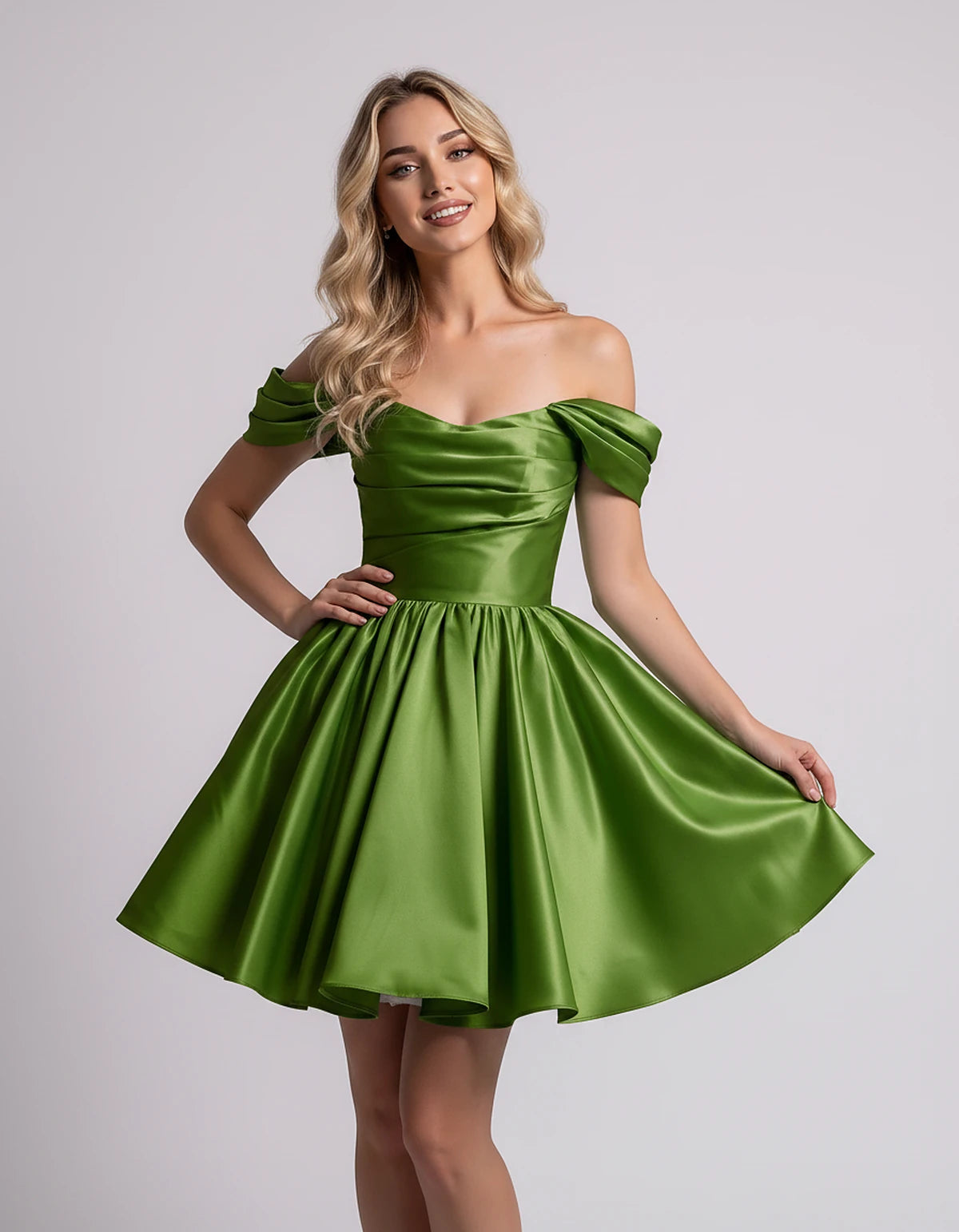 Polyester Satin Off-the-Shoulder Sweetheart A-Line Mini Dress for Party, Cocktail, Evening, Summer, Wedding Guest & Prom Even