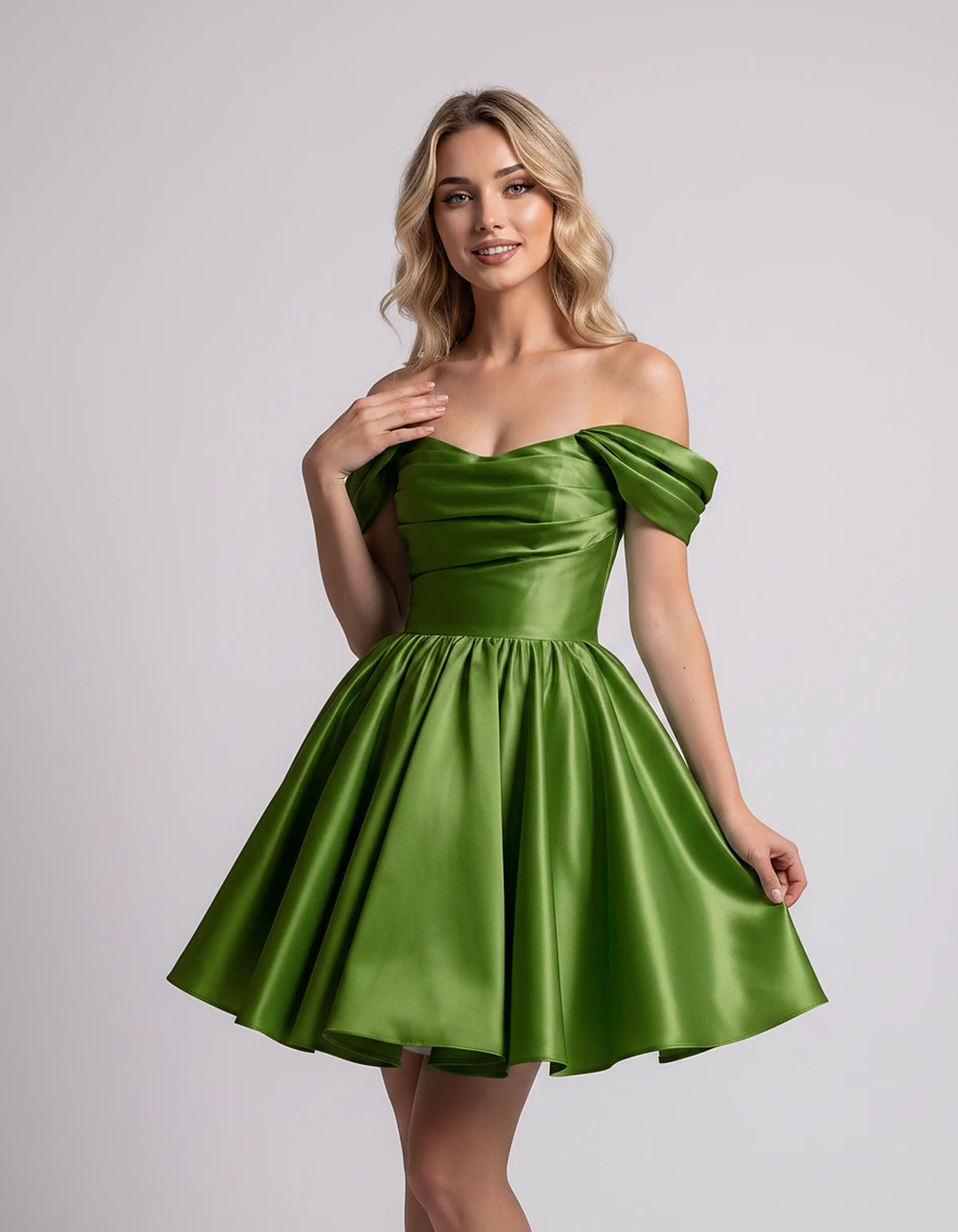 Polyester Satin Off-the-Shoulder Sweetheart A-Line Mini Dress for Party, Cocktail, Evening, Summer, Wedding Guest & Prom Even